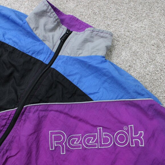 VTG Reebok Windbreaker Mens Medium Purple/Blue/Black Spell Out Jacket Coat - Picture 6 of 14